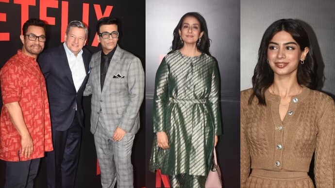 Aamir Khan-Karan Johar pose with Netflix Co-CEO Ted Sarandos, Heeramandi beauty Manisha Koirala, Keerthy Suresh and more
