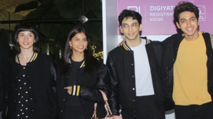The Archies team, including Suhana, Agastya Nanda, & Khushi, sport matching jackets as they depart for Tudum 2023 in Brazil