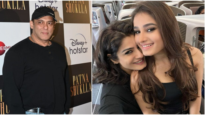 Salman Khan says this extending good wishes to Raveena Tandon and her daughter Rasha at Patna Shuklla screening