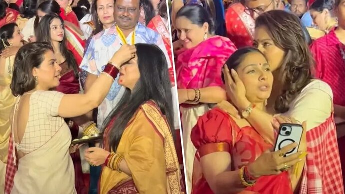 Vijaydashami 2025: Kajol Takes Part In Sindoor Khela, Actress’ Sister Tanishaa Seeks Blessings From Her